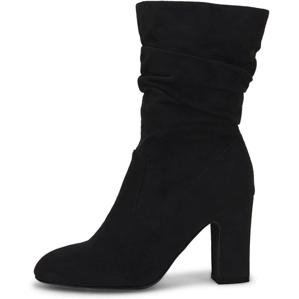 Women's Black Microfiber Mid Calf High Chunky Heel Block Rounded Toe Booties - Picture 4 of 6